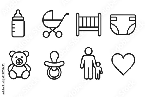 Parenting Icon Set. Outline icon set of parenting and child care: baby bottle, stroller, crib, diaper, teddy