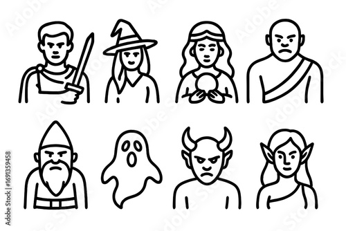 Mythic Icon Set. Outline icon set of mythological beings: hero, witch, oracle, giant, dwarf, spirit, demon, nymph. Line icons in
