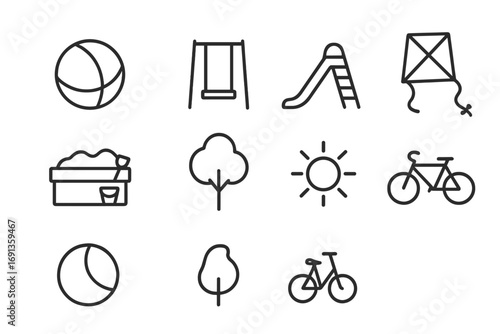 Outdoor Play Icons. Outline icon set of outdoor playtime: ball, swing, slide, kite, sandbox, tree, sun,