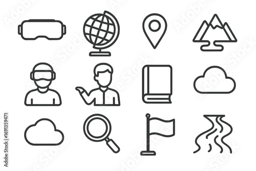 Geography Lesson Icons. Outline icon set of geography lessons in VR: VR headset, globe, map pin, mountain,