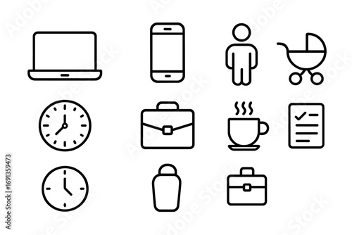 Working Parents Icon Set. Outline icon set of working parents: laptop, phone, parent figure, baby stroller,