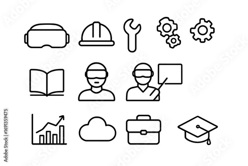 VR Career Training Icons. Outline icon set of career training in VR: VR headset, construction helmet, wrench,