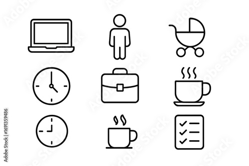Working Parents Icon Set. Outline icon set of working parents: laptop, phone, parent figure, baby stroller,