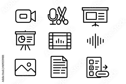Educational Icons Grid. Outline icon set of Educational content creation: video camera icon, microphone, editing scissors,
