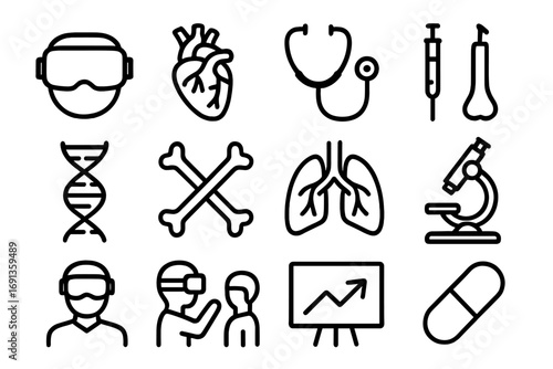 VR Medical Training Icons. Outline icon set of medical training in VR: VR headset, heart, stethoscope, syringe