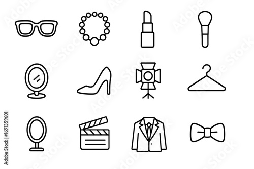 Celebrity Icon Set. Outline icon set of celebrity styling: sunglasses, necklace, lipstick, makeup brush,