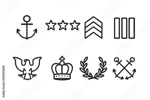 Naval Rank Icons. Outline icon set of naval ranks: anchor, stars, stripes, bars, eagle, crown, wreath, crossed anchors. Line icons