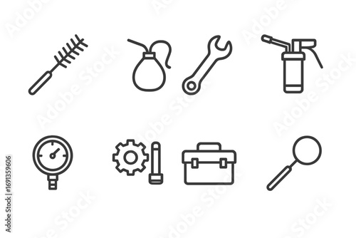 Naval Tool Icons. Outline icon set of naval gun maintenance tools: cleaning brush, oil can, wrench, grease gun, pressure gauge,