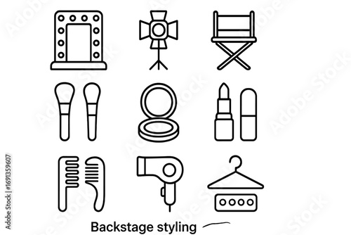 Backstage Icon Set. Outline icon set of backstage styling: vanity mirror, spotlight, director chair, makeup