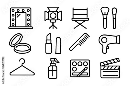 Backstage Icon Set. Outline icon set of backstage styling: vanity mirror, spotlight, director chair, makeup