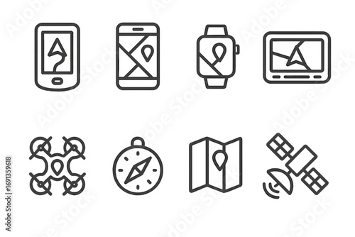 Navigation Device Icons. Outline icon set of map navigation devices: GPS device, smartphone with map, smartwatch, car navigation,