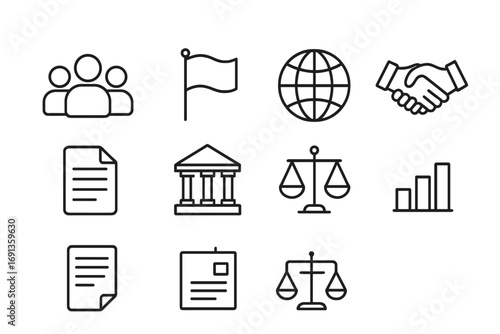 Economic Union Icons. Outline icon set of economic unions: group of people, flag, globe, handshake, document,