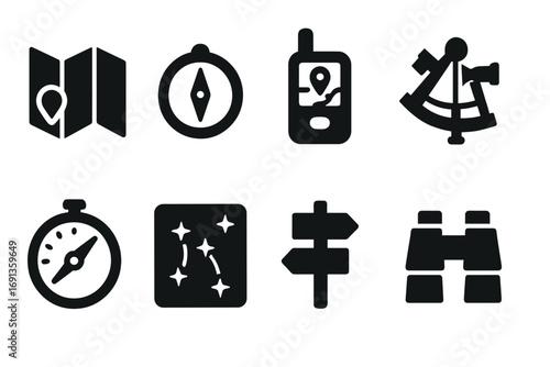 Navigation Tools Icons. Solid, filled icon set of expedition navigation: map, compass, GPS tracker, sextant, altimeter, star chart