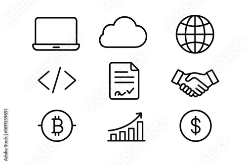 Digital Trade Icons. Outline icon set of digital trade agreements: laptop, cloud, globe, coding symbol,