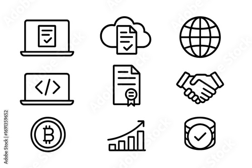 Digital Trade Icons. Outline icon set of digital trade agreements: laptop, cloud, globe, coding symbol,