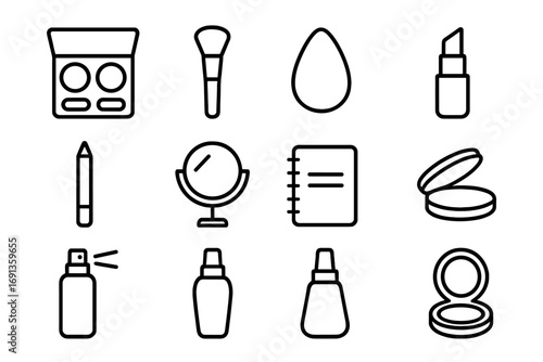 Makeup Icon Grid. Outline icon set of makeup trial sessions: palette, brush, sponge, lipstick, eyeliner,