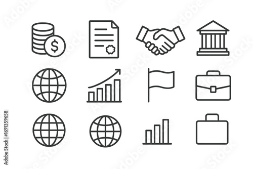 Investment Treaty Icons. Outline icon set of investment treaties: coin stack, contract, handshake, building,