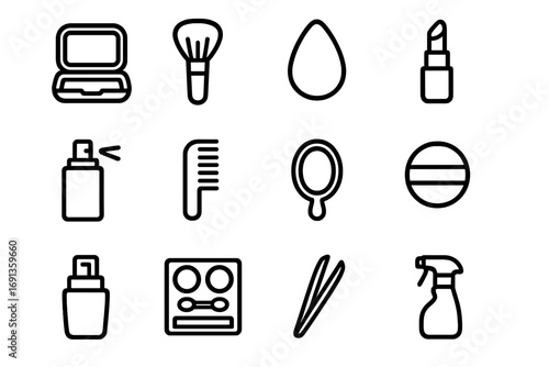 Backstage Beauty Essentials. Outline icon set of quick fixes backstage: compact, brush, sponge, lipstick,