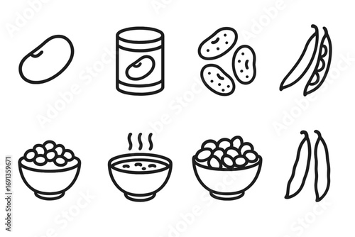 Navy Bean Icons. Solid, filled icon set of navy bean types: white navy bean, canned navy beans, dried navy beans, fresh pods,