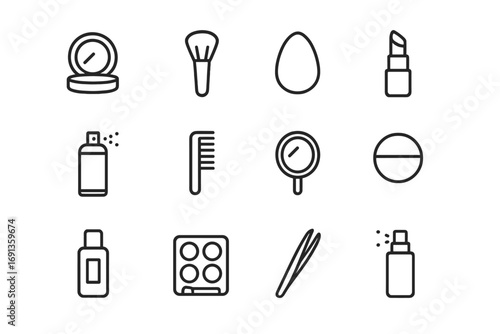 Backstage Beauty Essentials. Outline icon set of quick fixes backstage: compact, brush, sponge, lipstick,
