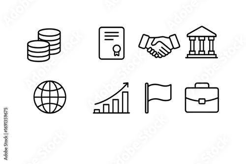 Investment Treaty Icons. Outline icon set of investment treaties: coin stack, contract, handshake, building,