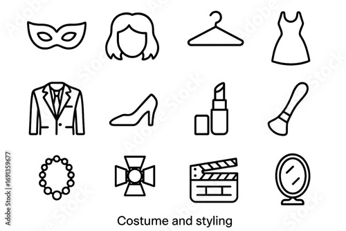 Costume Icon Collection. Outline icon set of costume and styling: mask, wig, hanger, dress, suit, shoes,