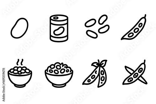 Navy Bean Icons. Solid, filled icon set of navy bean types: white navy bean, canned navy beans, dried navy beans, fresh pods,