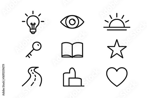 Life-Changing Icon Set. Outline icon set of life-changing realizations and epiphanies captured visually: light
