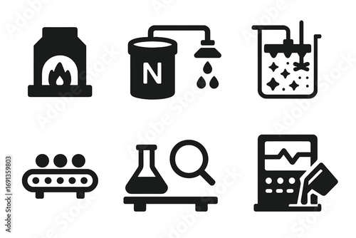 Nickel Refining Icons. Solid, filled icon set of nickel refining process: furnace, chemical vat, filtration system,