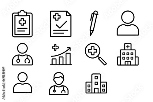 Medical Icons Grid. Outline icon set of reporting diagnosis: clipboard, document, pen, patient, doctor, chart,