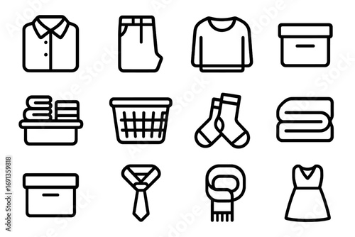 Folded Clothing Icons. Outline icon set of folded clothing: shirt, pants, sweater, drawer, shelf, basket,