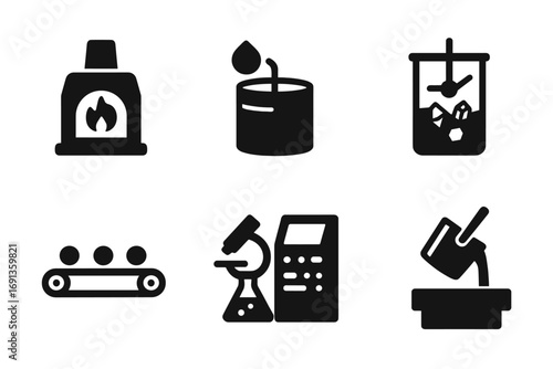 Nickel Refining Icons. Solid, filled icon set of nickel refining process: furnace, chemical vat, filtration system,