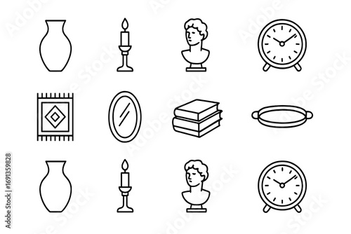 Luxury Home Accessory Icons. Outline icon set of luxury home accessories: vase, candle holder, sculpture,
