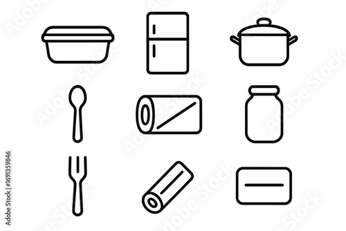 Leftovers Management Icons. Outline icon set of managing leftovers: storage container, fridge, pot, spoon,