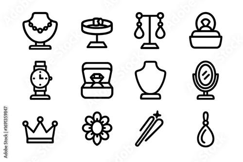 Jewelry Icon Grid. Outline icon set of jewelry display: necklace, bracelet, earrings, ring, watch, jewelry box