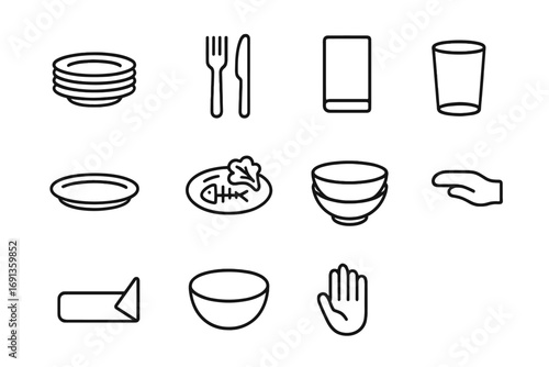 Dining Table Icon Set. Outline icon set of clearing the dining table: stacked plates, fork and knife, napkin,