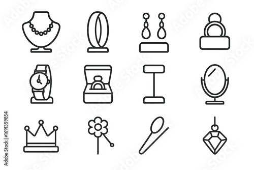 Jewelry Icon Grid. Outline icon set of jewelry display: necklace, bracelet, earrings, ring, watch, jewelry box