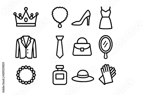 Luxury Icon Set. Outline icon set of luxury styling: crown, necklace, high heels, evening dress, suit, tie,