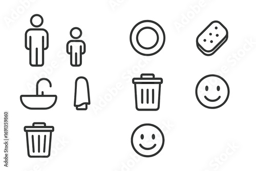 Family Clean-Up Icons. Outline icon set of family helping after dinner: parent figure, child figure, plate,