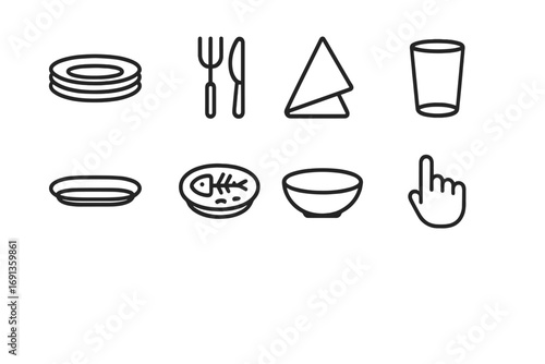 Dining Table Icon Set. Outline icon set of clearing the dining table: stacked plates, fork and knife, napkin,