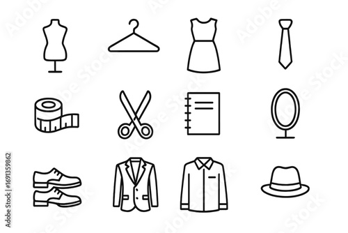 Fashion Icons Grid. Outline icon set of professional styling: mannequin, hanger, dress, tie, tape measure,