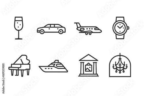 Noble Lifestyle Icons. Outline icon set of noble lifestyle: champagne glass, limousine, private jet, designer watch, grand piano,
