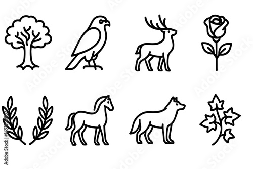 Noble House Icon Set. Outline icon set of noble house flora and fauna: oak tree, falcon, stag, rose, laurel leaves, horse, wolf,