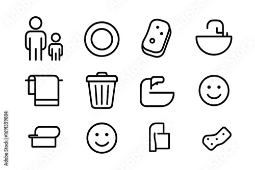 Family Clean-Up Icons. Outline icon set of family helping after dinner: parent figure, child figure, plate,