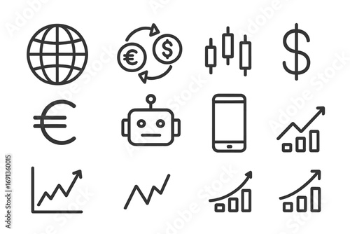 Forex Trading Icons. Outline icon set of forex trading bots: globe, currency exchange arrows, candlestick