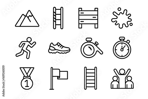 Endurance Race Icons. Outline icon set of outdoor endurance race: mountain, rope, wall, mud splash, runner,