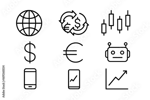 Forex Trading Icons. Outline icon set of forex trading bots: globe, currency exchange arrows, candlestick