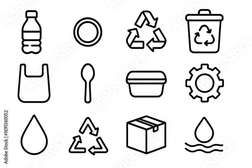 Plastic Recycling Icons. Outline icon set of plastic recycling: plastic bottle, cap, recycle arrows, bin, bag,
