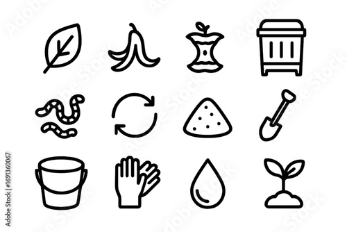 Composting Icon Set. Outline icon set of composting waste: leaf, banana peel, apple core, compost bin, worms,