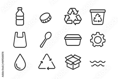 Plastic Recycling Icons. Outline icon set of plastic recycling: plastic bottle, cap, recycle arrows, bin, bag,